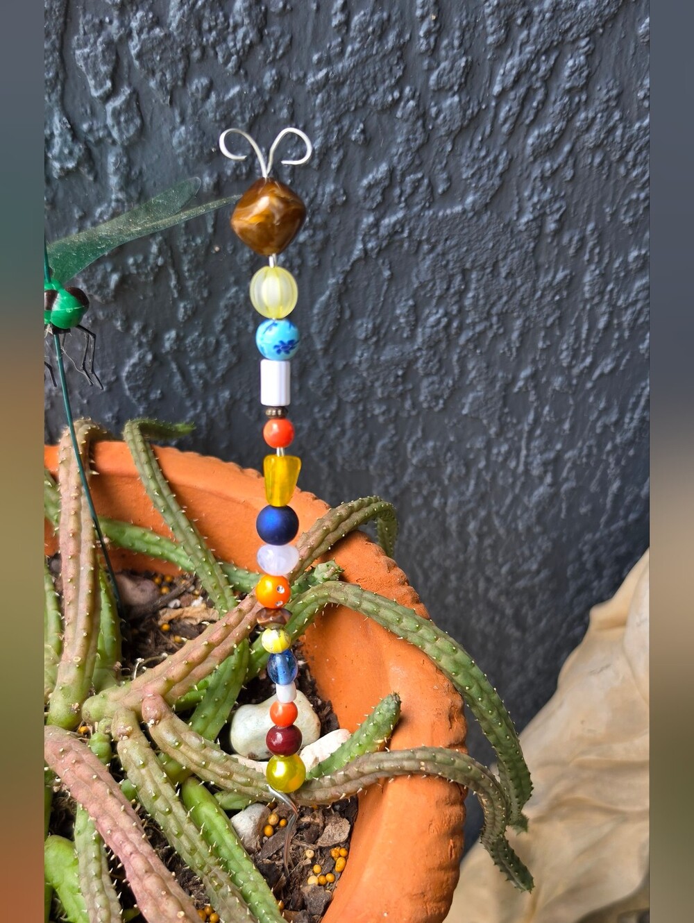 Handmade Beaded Plant Stick, Garden Decor in Multicolor Beads
